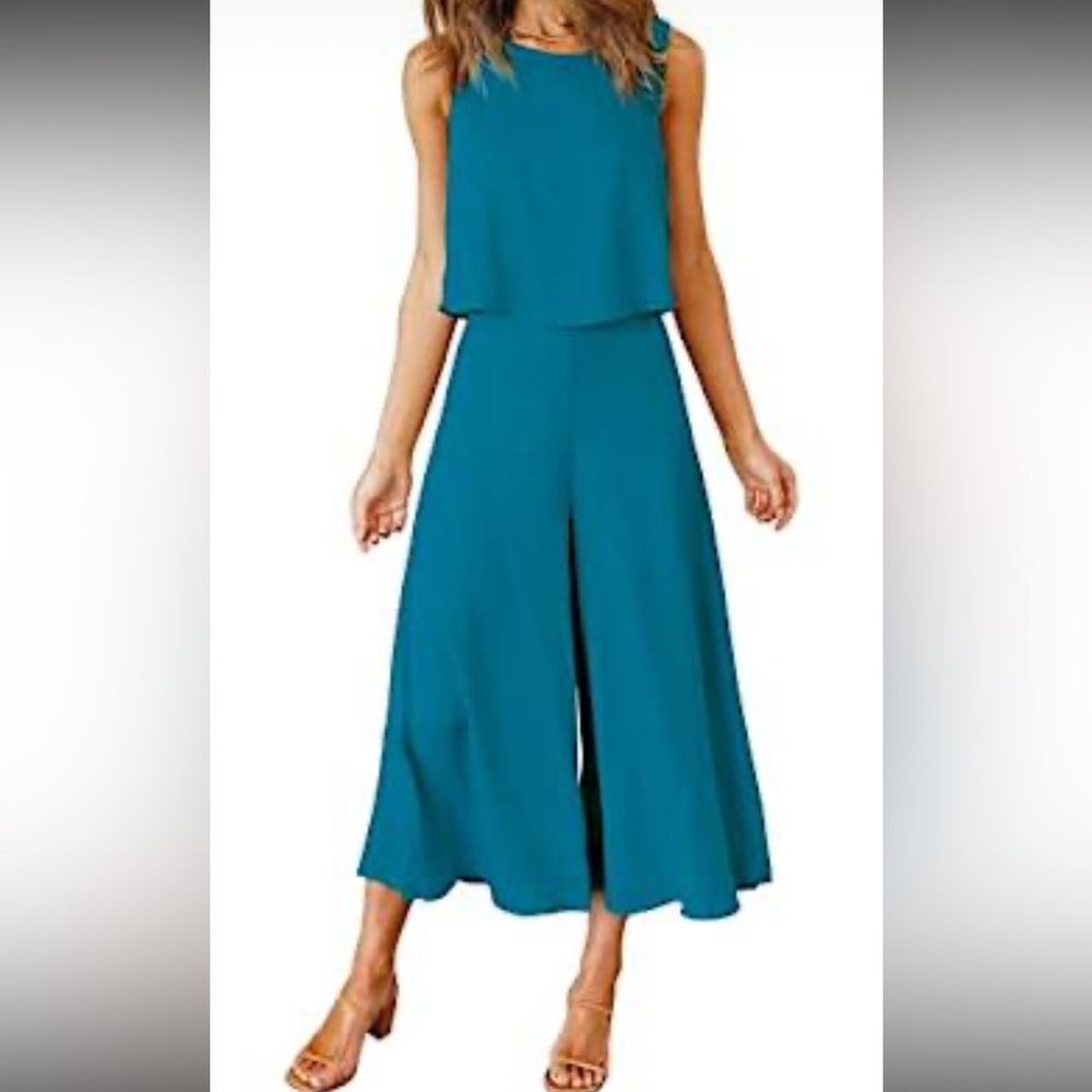 ROYLAMP Women's Summer 2 Pc Round Neck Crop Basic Top Cropped Wide Leg Pants Set